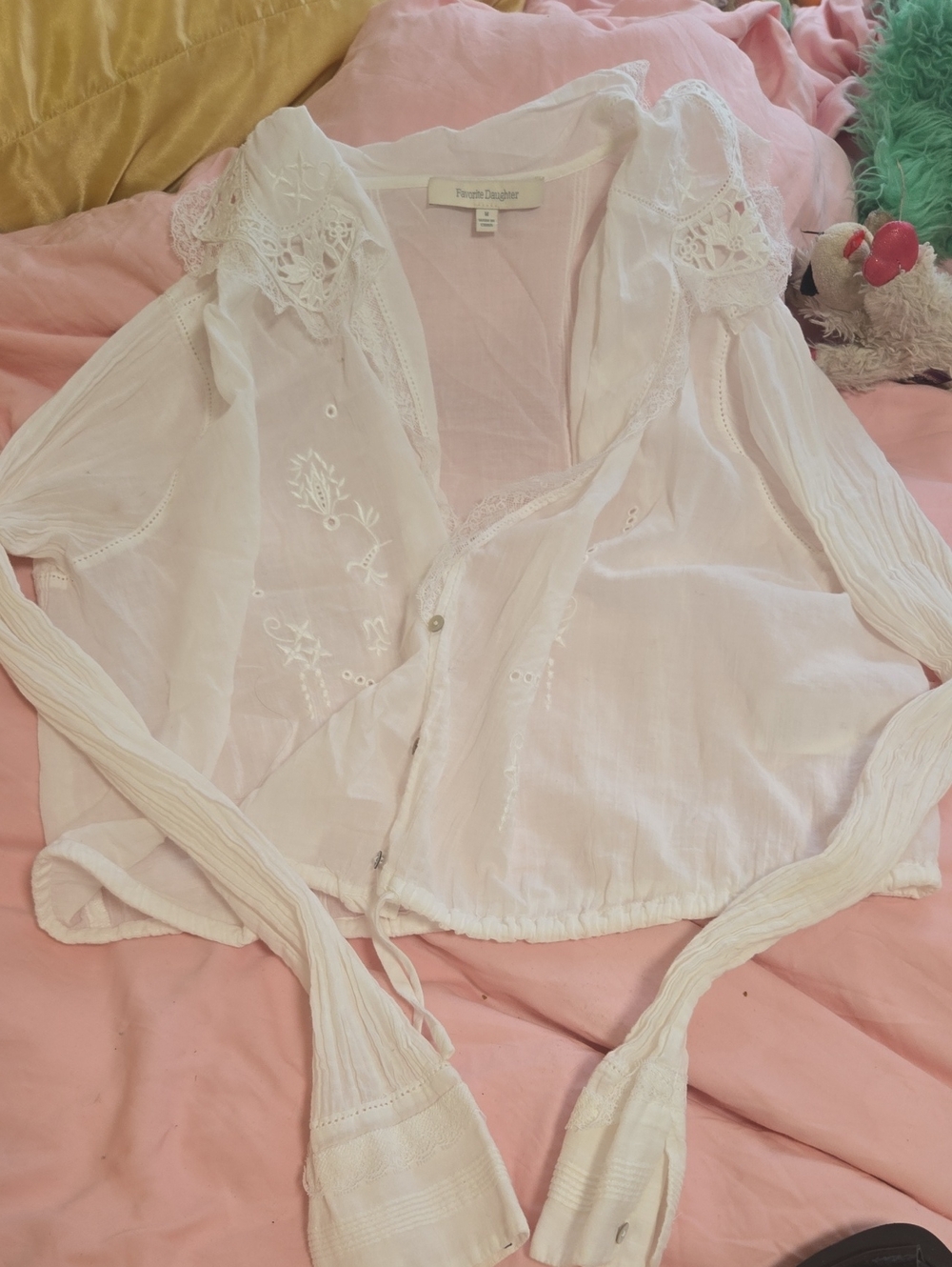 Farmers Daughter White Embroidered Lace Peasant Sheer Overlay Blouse